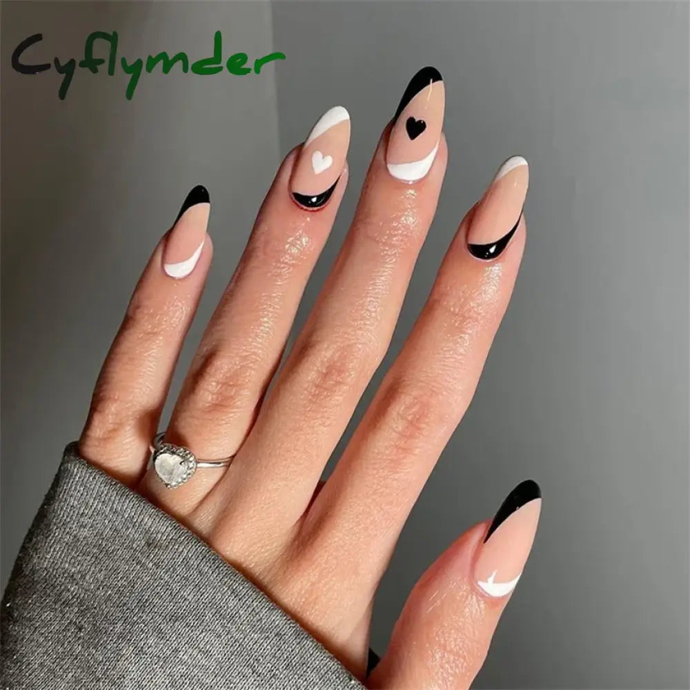 Cyflymder 24Pcs/Set White Long Almond Fake Nails Art Black Heart Oval Artificial Removable Acrylic Press on Nail Hot Sale Stick on Nails