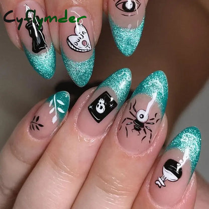Cyflymder 24Pcs/Set White Long Almond Fake Nails Art Black Heart Oval Artificial Removable Acrylic Press on Nail Hot Sale Stick on Nails