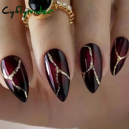 Cyflymder 24Pcs/Set White Long Almond Fake Nails Art Black Heart Oval Artificial Removable Acrylic Press on Nail Hot Sale Stick on Nails