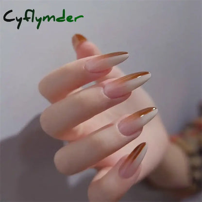 Cyflymder 24Pcs/Set White Long Almond Fake Nails Art Black Heart Oval Artificial Removable Acrylic Press on Nail Hot Sale Stick on Nails
