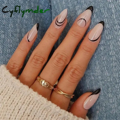 Cyflymder 24Pcs/Set White Long Almond Fake Nails Art Black Heart Oval Artificial Removable Acrylic Press on Nail Hot Sale Stick on Nails