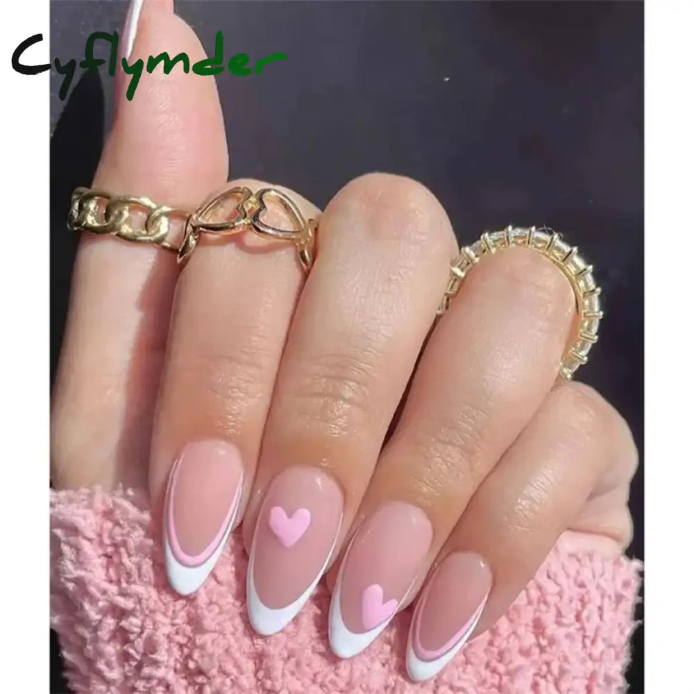 Cyflymder 24Pcs/Set White Long Almond Fake Nails Art Black Heart Oval Artificial Removable Acrylic Press on Nail Hot Sale Stick on Nails