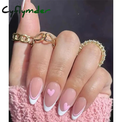 Cyflymder 24Pcs/Set White Long Almond Fake Nails Art Black Heart Oval Artificial Removable Acrylic Press on Nail Hot Sale Stick on Nails