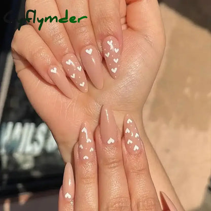 Cyflymder 24Pcs/Set White Long Almond Fake Nails Art Black Heart Oval Artificial Removable Acrylic Press on Nail Hot Sale Stick on Nails