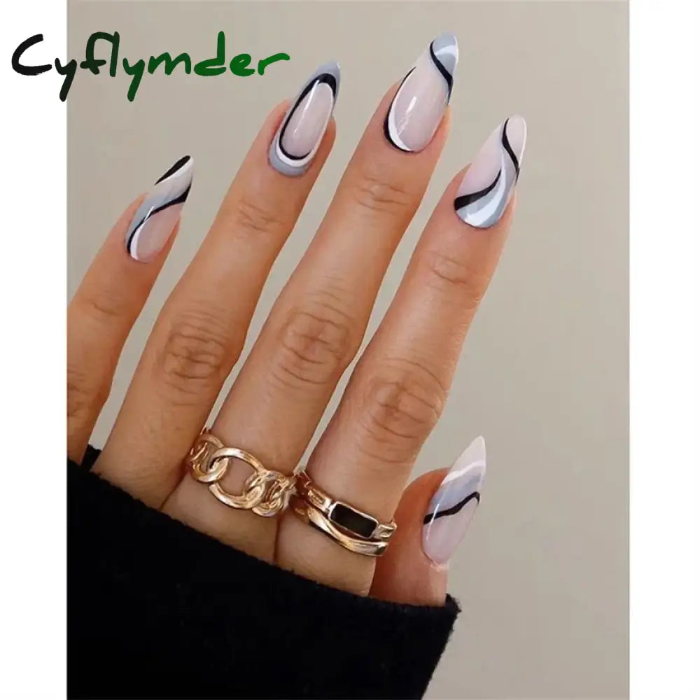 Cyflymder 24Pcs/Set White Long Almond Fake Nails Art Black Heart Oval Artificial Removable Acrylic Press on Nail Hot Sale Stick on Nails