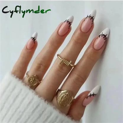 Cyflymder 24Pcs/Set White Long Almond Fake Nails Art Black Heart Oval Artificial Removable Acrylic Press on Nail Hot Sale Stick on Nails
