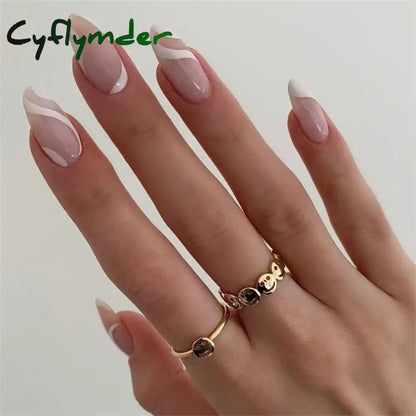 Cyflymder 24Pcs/Set White Long Almond Fake Nails Art Black Heart Oval Artificial Removable Acrylic Press on Nail Hot Sale Stick on Nails