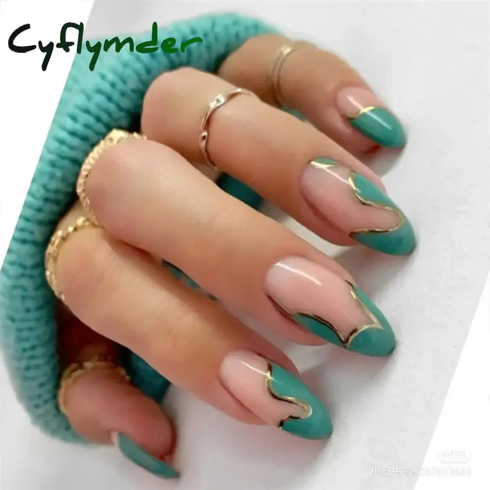 Cyflymder 24Pcs/Set White Long Almond Fake Nails Art Black Heart Oval Artificial Removable Acrylic Press on Nail Hot Sale Stick on Nails