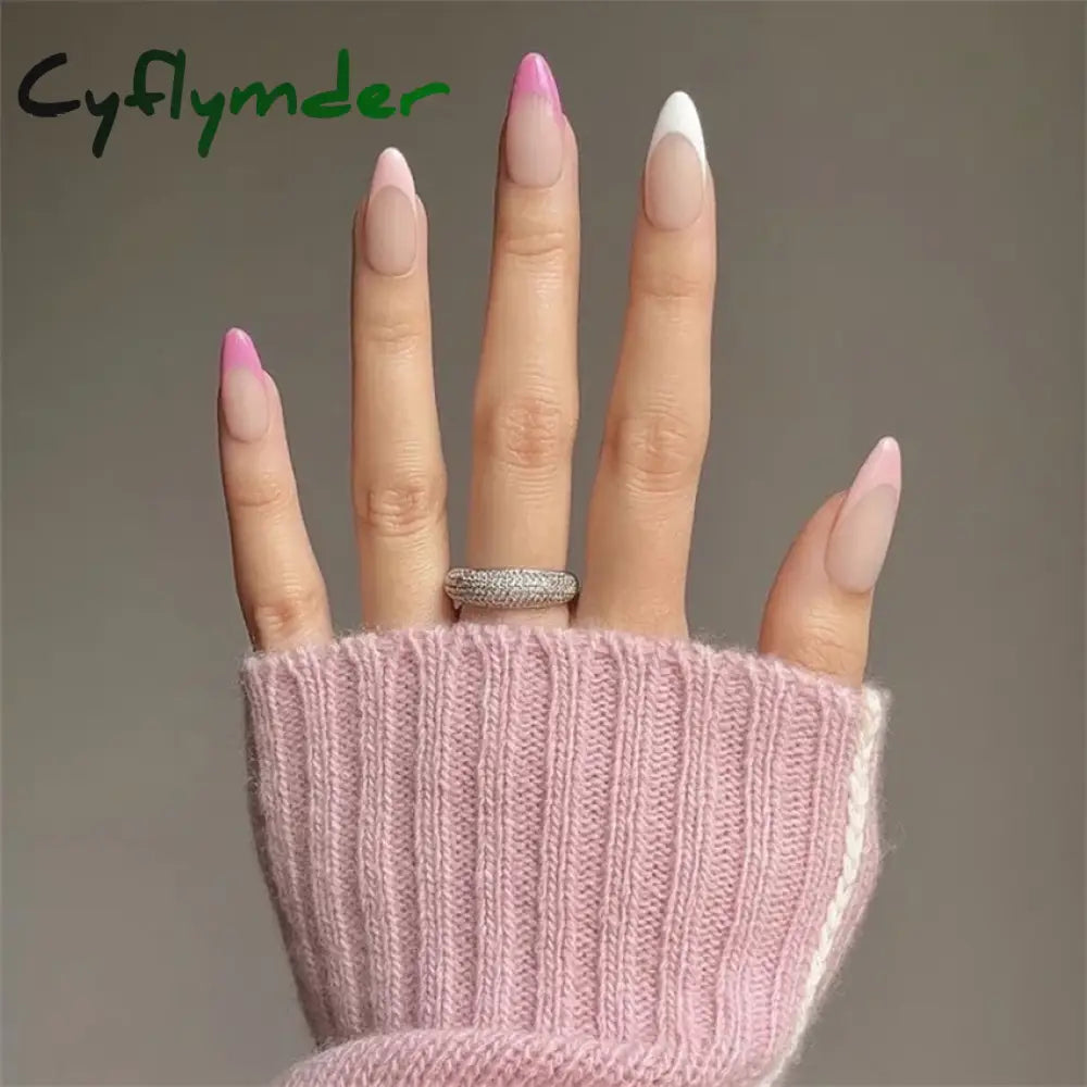 Cyflymder 24Pcs/Set White Long Almond Fake Nails Art Black Heart Oval Artificial Removable Acrylic Press on Nail Hot Sale Stick on Nails