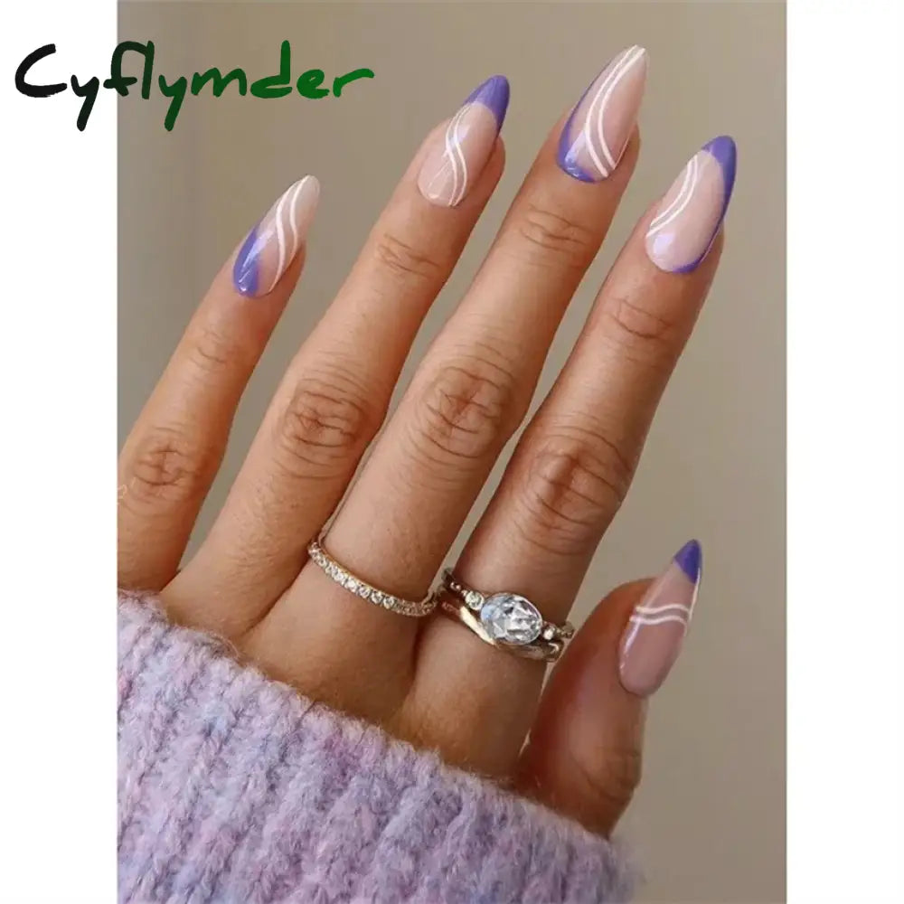 Cyflymder 24Pcs/Set White Long Almond Fake Nails Art Black Heart Oval Artificial Removable Acrylic Press on Nail Hot Sale Stick on Nails