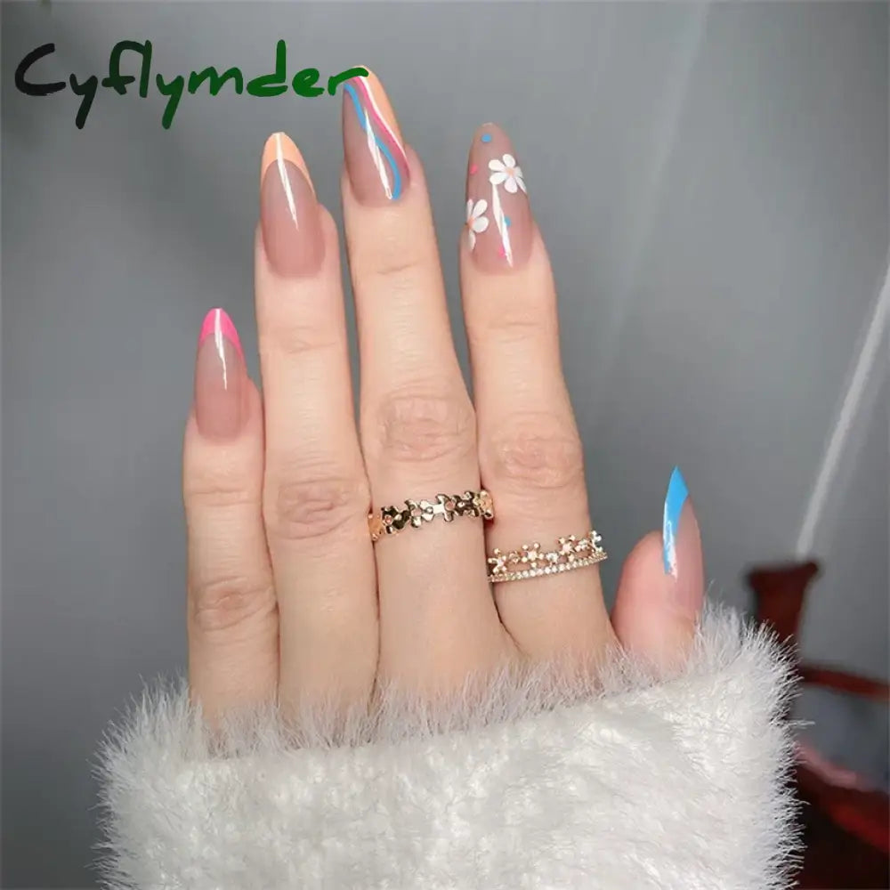 Cyflymder 24Pcs/Set White Long Almond Fake Nails Art Black Heart Oval Artificial Removable Acrylic Press on Nail Hot Sale Stick on Nails