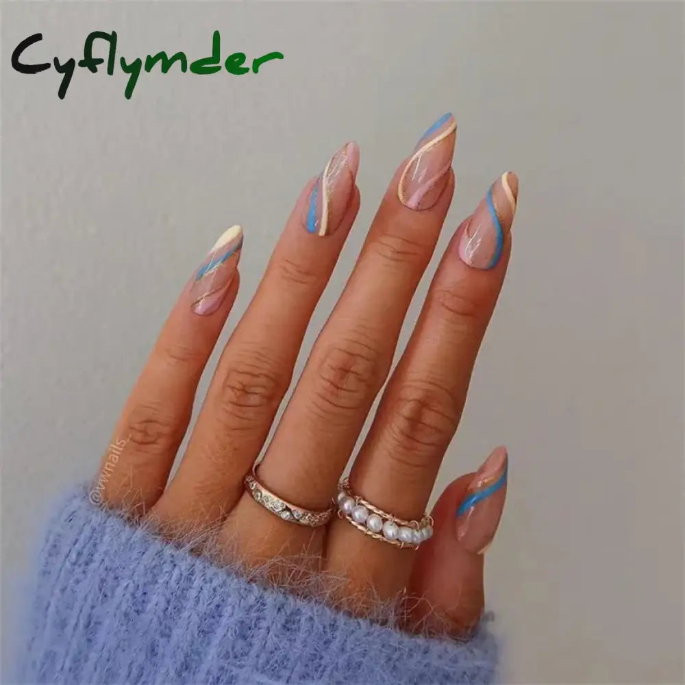Cyflymder 24Pcs/Set White Long Almond Fake Nails Art Black Heart Oval Artificial Removable Acrylic Press on Nail Hot Sale Stick on Nails