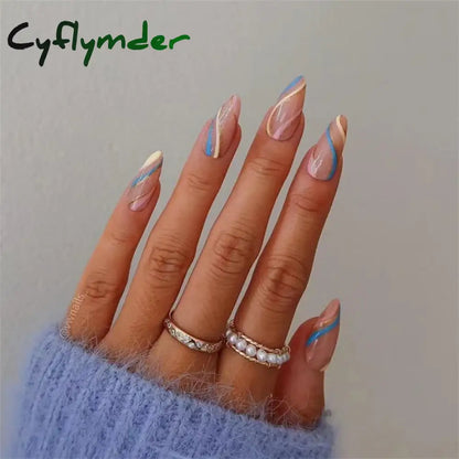 Cyflymder 24Pcs/Set White Long Almond Fake Nails Art Black Heart Oval Artificial Removable Acrylic Press on Nail Hot Sale Stick on Nails
