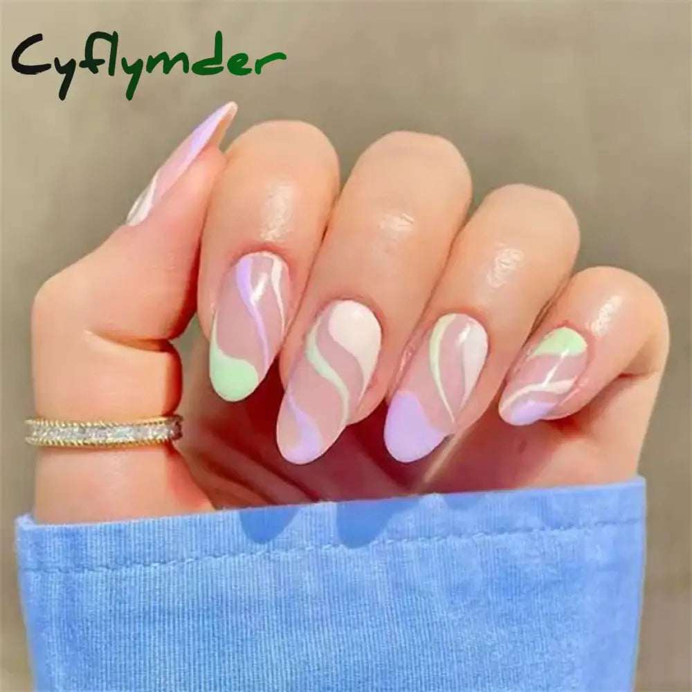 Cyflymder 24Pcs/Set White Long Almond Fake Nails Art Black Heart Oval Artificial Removable Acrylic Press on Nail Hot Sale Stick on Nails