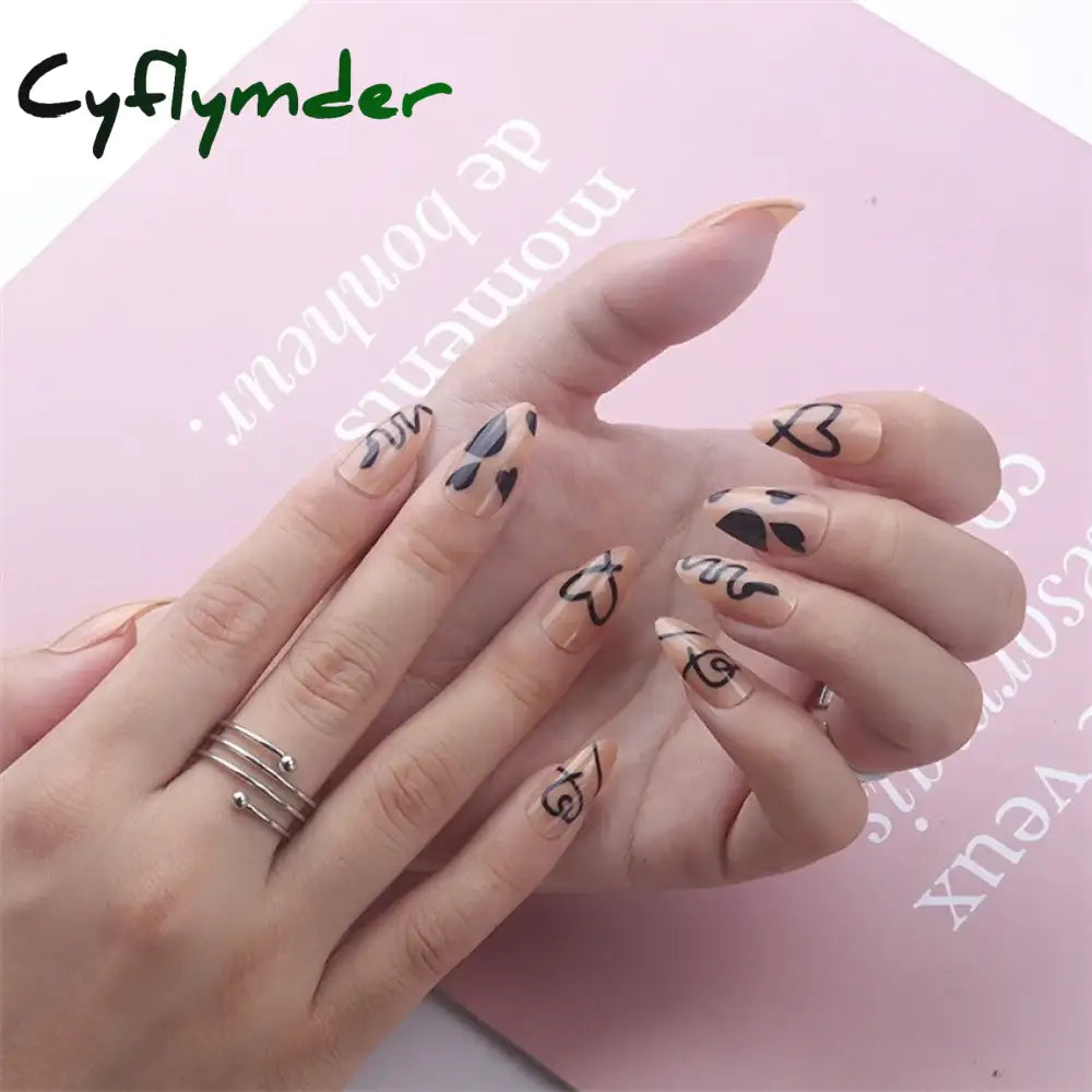 Cyflymder 24Pcs/Set White Long Almond Fake Nails Art Black Heart Oval Artificial Removable Acrylic Press on Nail Hot Sale Stick on Nails