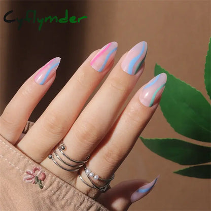 Cyflymder 24Pcs/Set White Long Almond Fake Nails Art Black Heart Oval Artificial Removable Acrylic Press on Nail Hot Sale Stick on Nails