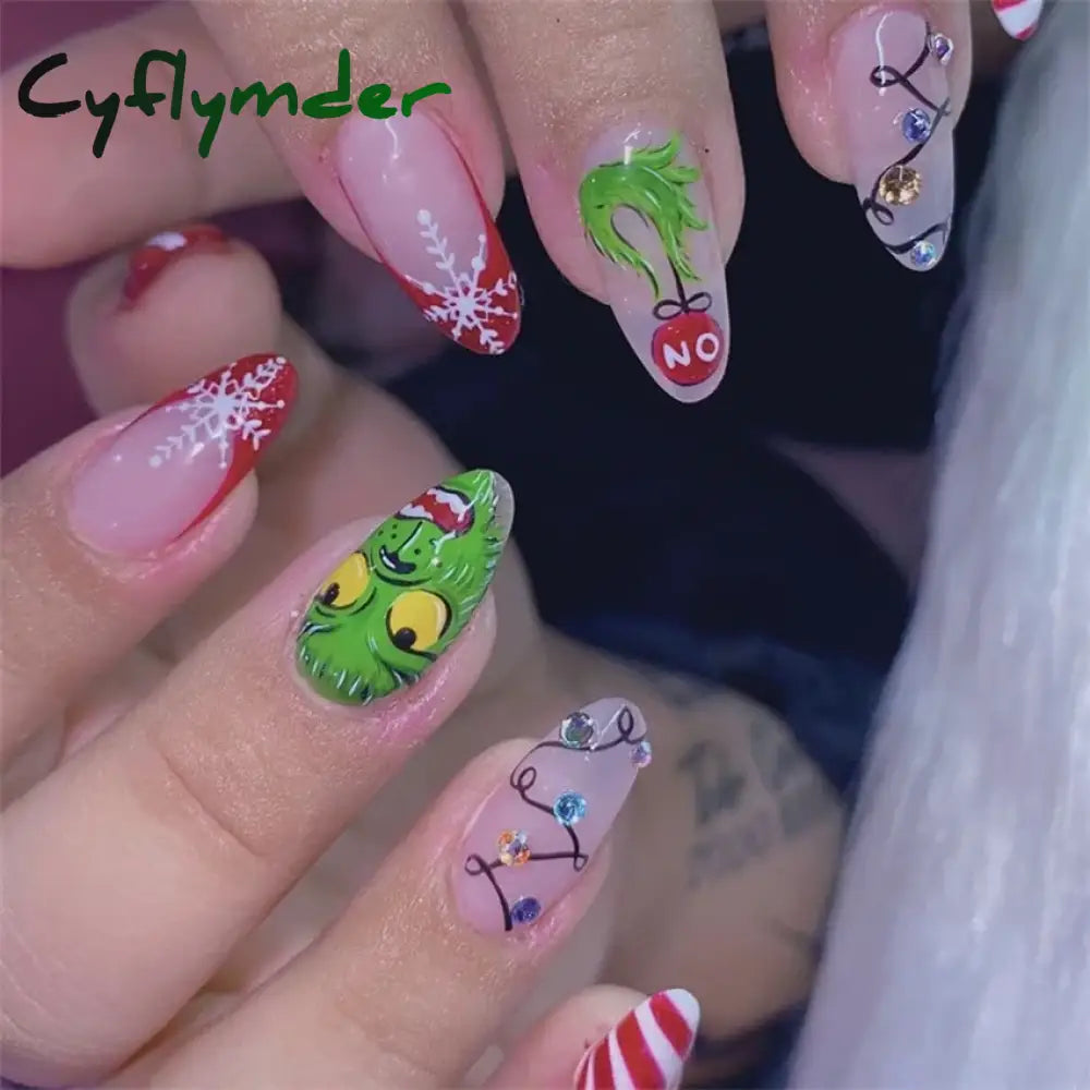 Cyflymder 24Pcs/Set White Long Almond Fake Nails Art Black Heart Oval Artificial Removable Acrylic Press on Nail Hot Sale Stick on Nails