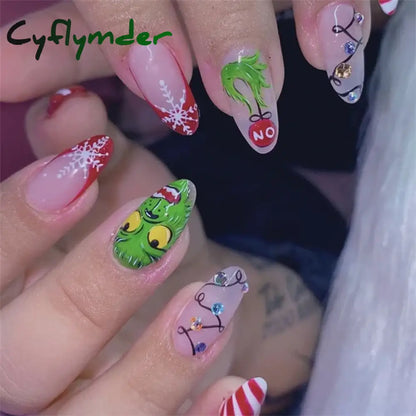 Cyflymder 24Pcs/Set White Long Almond Fake Nails Art Black Heart Oval Artificial Removable Acrylic Press on Nail Hot Sale Stick on Nails