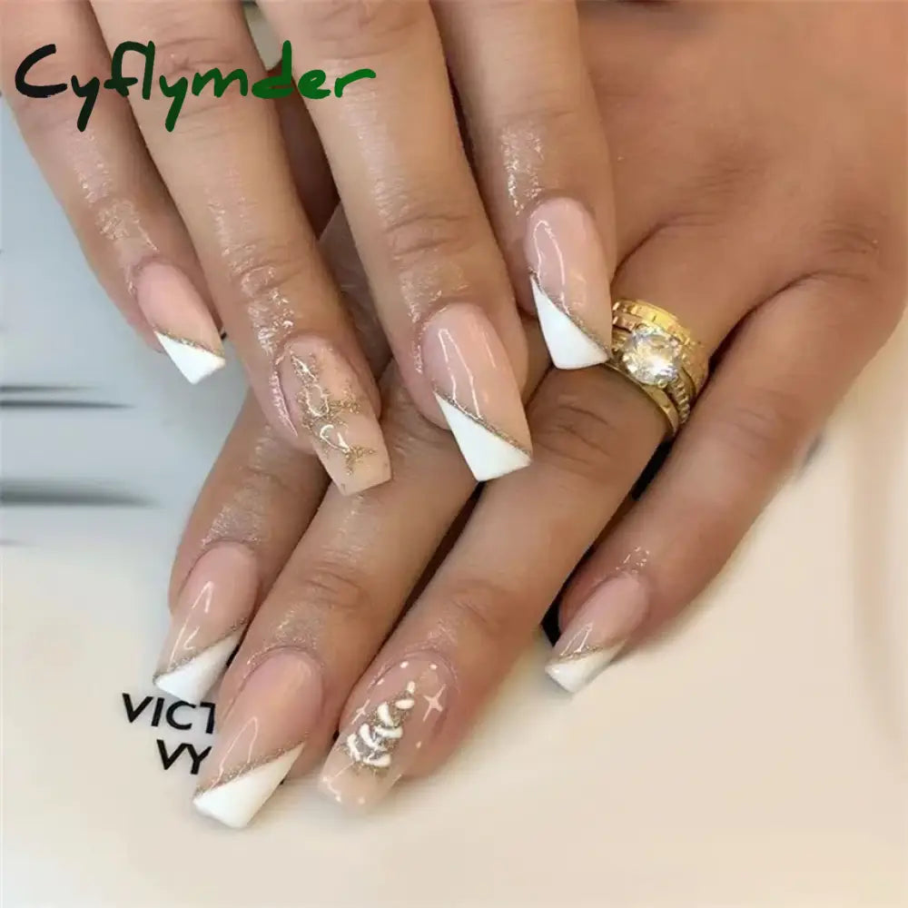 Cyflymder 24Pcs/Set White Long Almond Fake Nails Art Black Heart Oval Artificial Removable Acrylic Press on Nail Hot Sale Stick on Nails