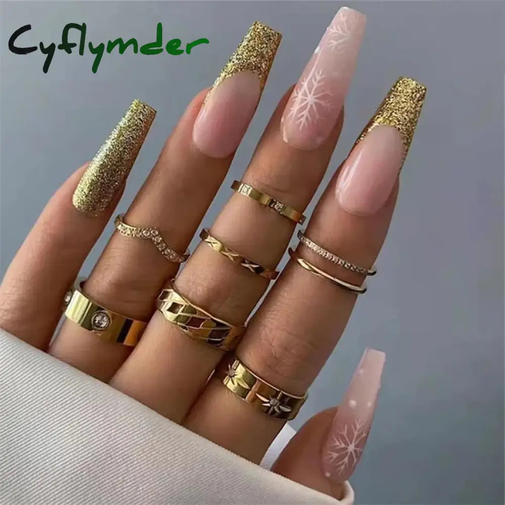 Cyflymder 24Pcs/Set White Long Almond Fake Nails Art Black Heart Oval Artificial Removable Acrylic Press on Nail Hot Sale Stick on Nails