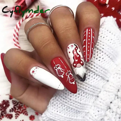 Cyflymder 24Pcs/Set White Long Almond Fake Nails Art Black Heart Oval Artificial Removable Acrylic Press on Nail Hot Sale Stick on Nails