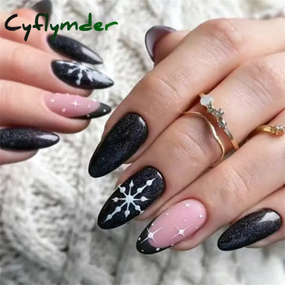 Cyflymder 24Pcs/Set White Long Almond Fake Nails Art Black Heart Oval Artificial Removable Acrylic Press on Nail Hot Sale Stick on Nails