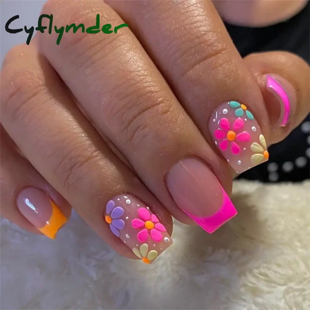 Cyflymder 24Pcs/Set White Long Almond Fake Nails Art Black Heart Oval Artificial Removable Acrylic Press on Nail Hot Sale Stick on Nails