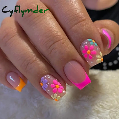 Cyflymder 24Pcs/Set White Long Almond Fake Nails Art Black Heart Oval Artificial Removable Acrylic Press on Nail Hot Sale Stick on Nails