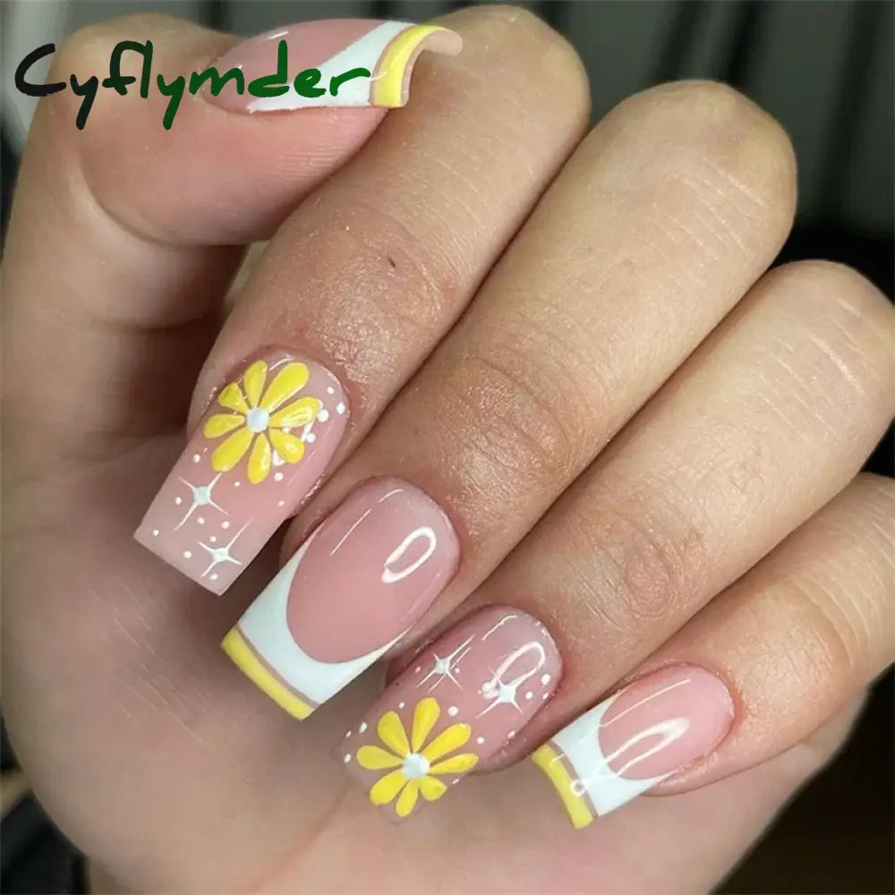 Cyflymder 24Pcs/Set White Long Almond Fake Nails Art Black Heart Oval Artificial Removable Acrylic Press on Nail Hot Sale Stick on Nails