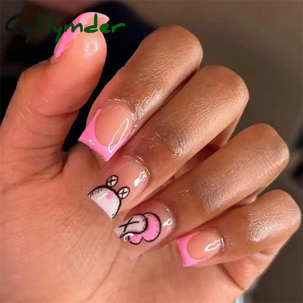 Cyflymder 24Pcs/Set White Long Almond Fake Nails Art Black Heart Oval Artificial Removable Acrylic Press on Nail Hot Sale Stick on Nails
