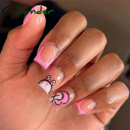 Cyflymder 24Pcs/Set White Long Almond Fake Nails Art Black Heart Oval Artificial Removable Acrylic Press on Nail Hot Sale Stick on Nails