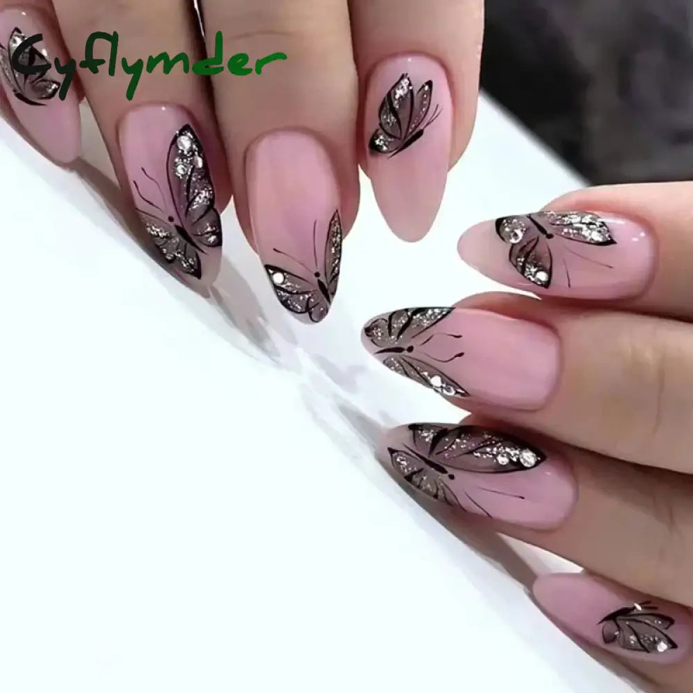 Cyflymder 24Pcs/Set White Long Almond Fake Nails Art Black Heart Oval Artificial Removable Acrylic Press on Nail Hot Sale Stick on Nails