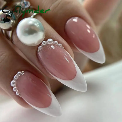 Cyflymder 24Pcs/Set White Long Almond Fake Nails Art Black Heart Oval Artificial Removable Acrylic Press on Nail Hot Sale Stick on Nails