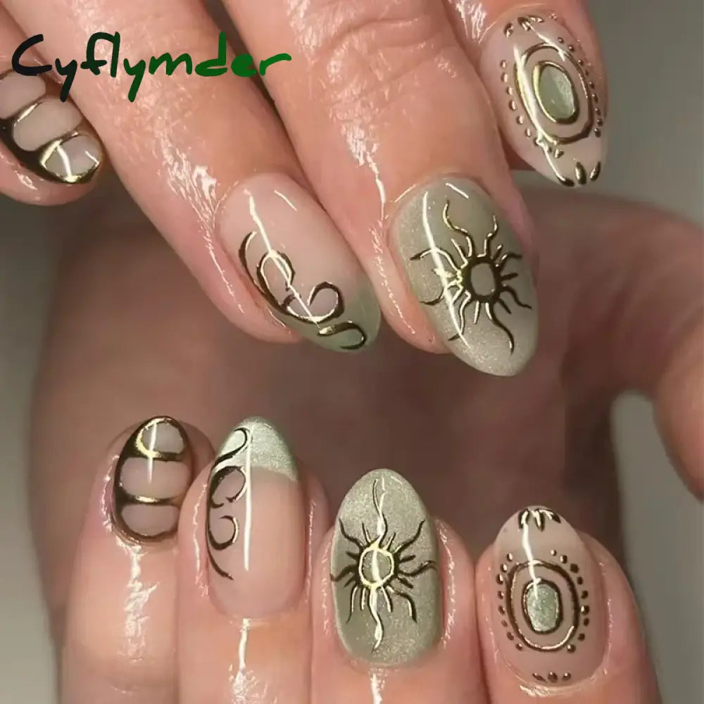 Cyflymder 24Pcs Short Almond Fake Nails Butterfly Wings Nail Art with Glue Glitter Flower False Nails Acrylic Autumn Winter Press on Nail