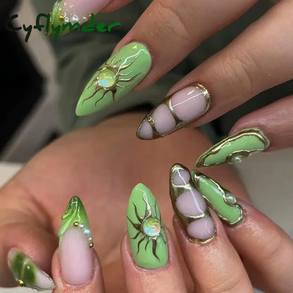Cyflymder 24Pcs Short Almond Fake Nails Butterfly Wings Nail Art with Glue Glitter Flower False Nails Acrylic Autumn Winter Press on Nail