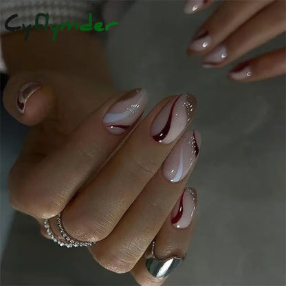 Cyflymder 24Pcs Short Almond Fake Nails Butterfly Wings Nail Art with Glue Glitter Flower False Nails Acrylic Autumn Winter Press on Nail