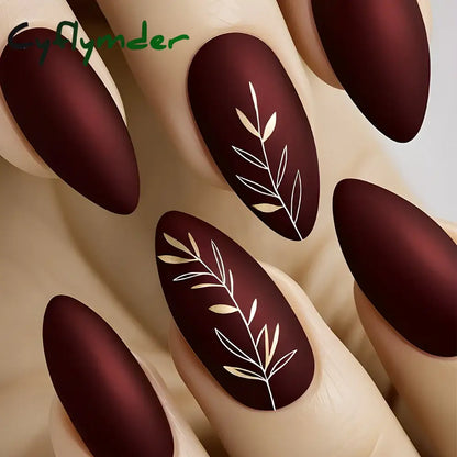Cyflymder 24Pcs Short Almond Fake Nails Butterfly Wings Nail Art with Glue Glitter Flower False Nails Acrylic Autumn Winter Press on Nail