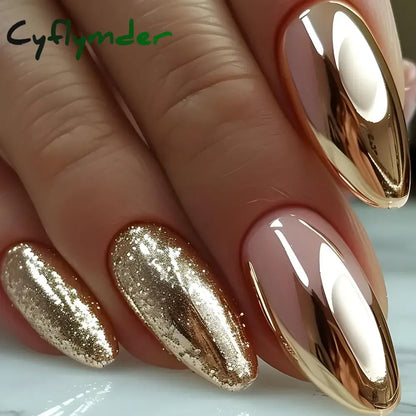 Cyflymder 24Pcs Short Almond Fake Nails Butterfly Wings Nail Art with Glue Glitter Flower False Nails Acrylic Autumn Winter Press on Nail