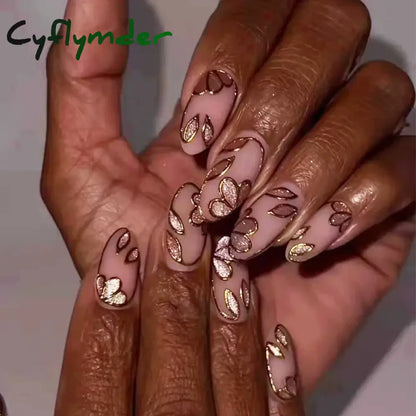 Cyflymder 24Pcs Short Almond Fake Nails Butterfly Wings Nail Art with Glue Glitter Flower False Nails Acrylic Autumn Winter Press on Nail