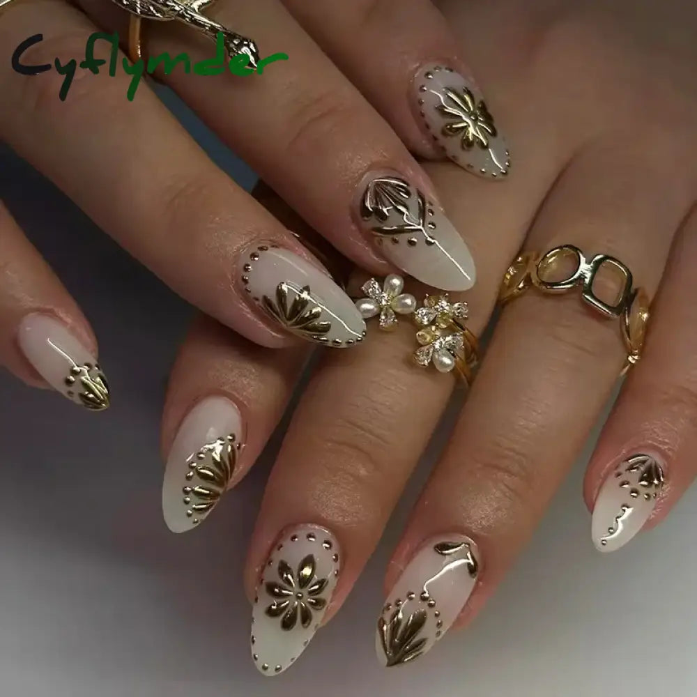 Cyflymder 24Pcs Short Almond Fake Nails Butterfly Wings Nail Art with Glue Glitter Flower False Nails Acrylic Autumn Winter Press on Nail