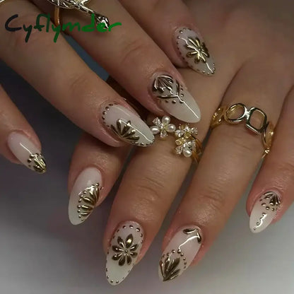 Cyflymder 24Pcs Short Almond Fake Nails Butterfly Wings Nail Art with Glue Glitter Flower False Nails Acrylic Autumn Winter Press on Nail