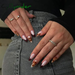 Cyflymder 24Pcs Short Almond Fake Nails Butterfly Wings Nail Art with Glue Glitter Flower False Nails Acrylic Autumn Winter Press on Nail