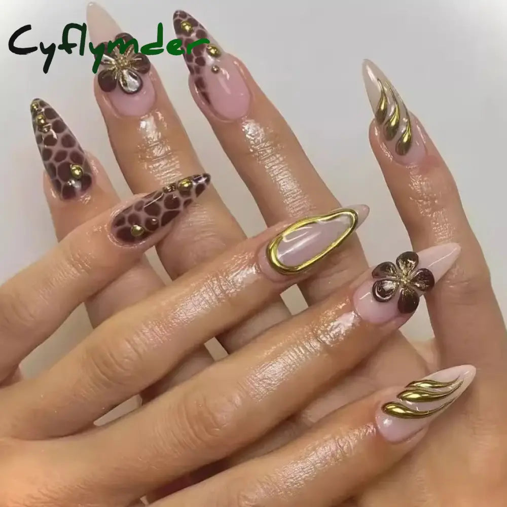 Cyflymder 24Pcs Short Almond Fake Nails Butterfly Wings Nail Art with Glue Glitter Flower False Nails Acrylic Autumn Winter Press on Nail