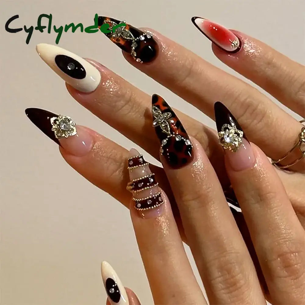 Cyflymder 24Pcs Short Almond Fake Nails Butterfly Wings Nail Art with Glue Glitter Flower False Nails Acrylic Autumn Winter Press on Nail