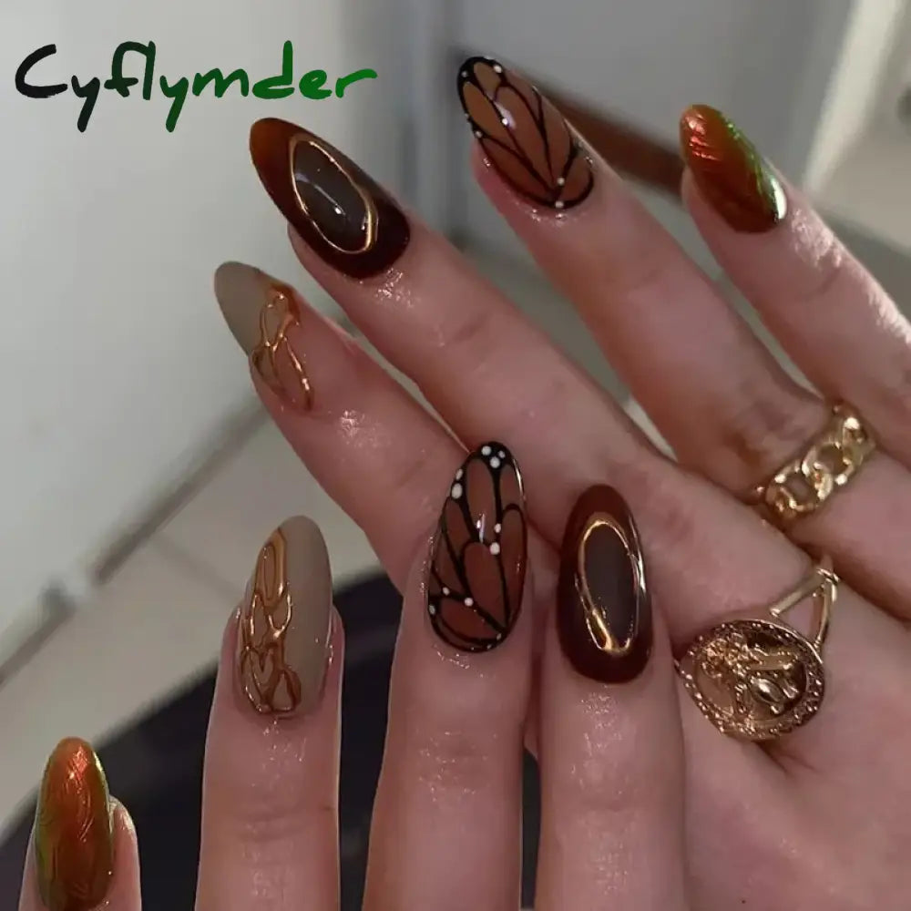 Cyflymder 24Pcs Short Almond Fake Nails Butterfly Wings Nail Art with Glue Glitter Flower False Nails Acrylic Autumn Winter Press on Nail