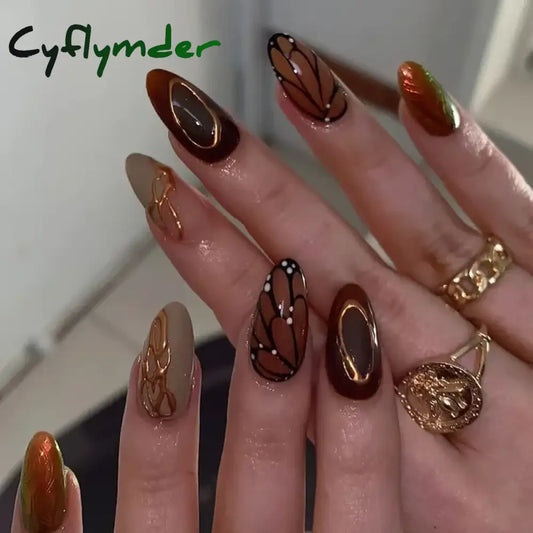 Cyflymder 24Pcs Short Almond Fake Nails Butterfly Wings Nail Art with Glue Glitter Flower False Nails Acrylic Autumn Winter Press on Nail