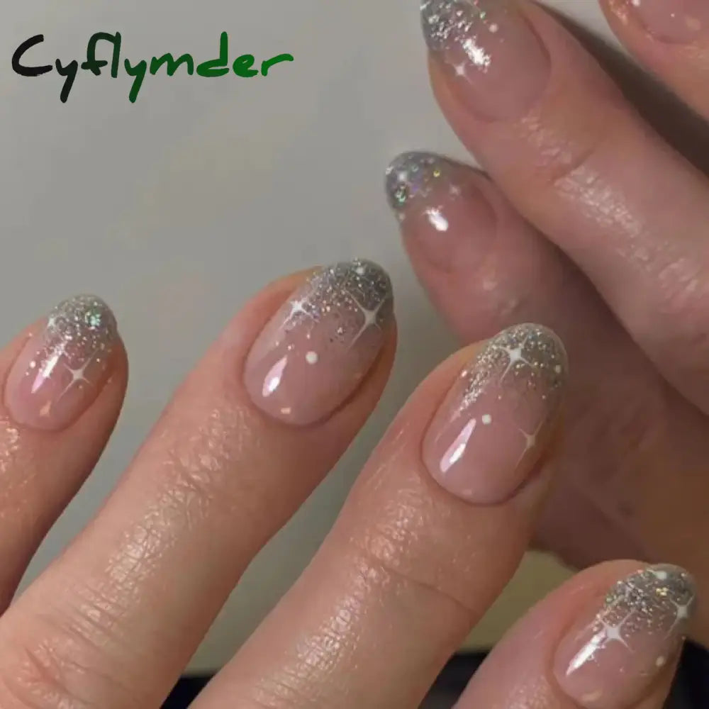 Cyflymder 24pcs Short Almond False Nails Flower Pattern Oval Fake Nails Press on Nails Full Cover Wearable Manicure Acrylic Nail Tips
