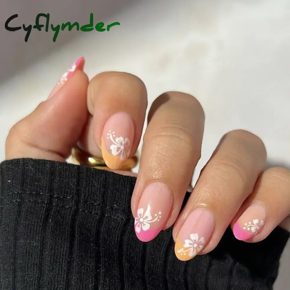 Cyflymder 24pcs Short Almond False Nails Flower Pattern Oval Fake Nails Press on Nails Full Cover Wearable Manicure Acrylic Nail Tips