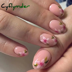 Cyflymder 24pcs Short Almond False Nails Flower Pattern Oval Fake Nails Press on Nails Full Cover Wearable Manicure Acrylic Nail Tips