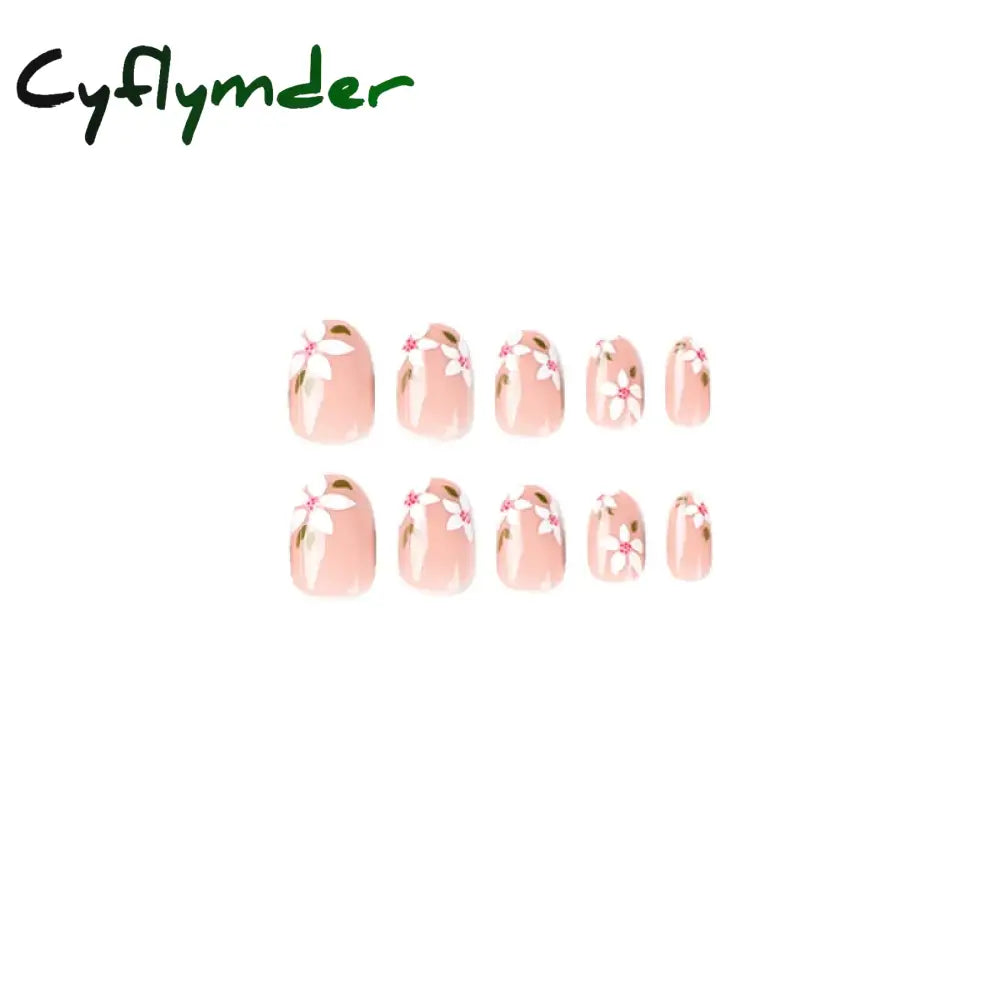 Cyflymder 24pcs Short Almond False Nails Flower Pattern Oval Fake Nails Press on Nails Full Cover Wearable Manicure Acrylic Nail Tips